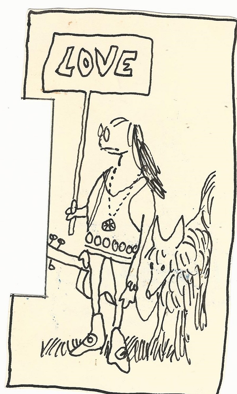 353 Mujer hippie con perro y cartel Love